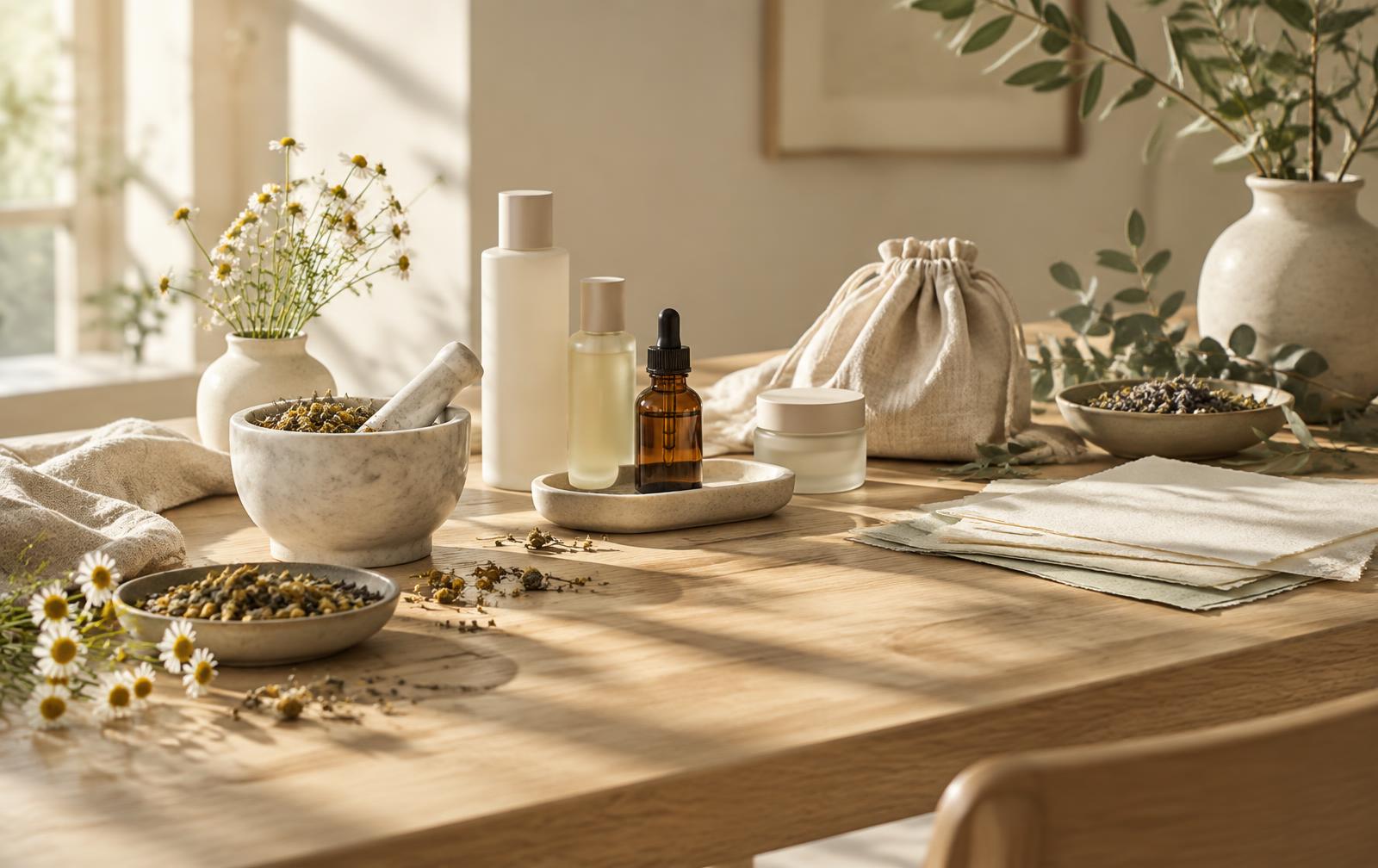 Selección cuidada de productos y elementos naturales sobre una mesa